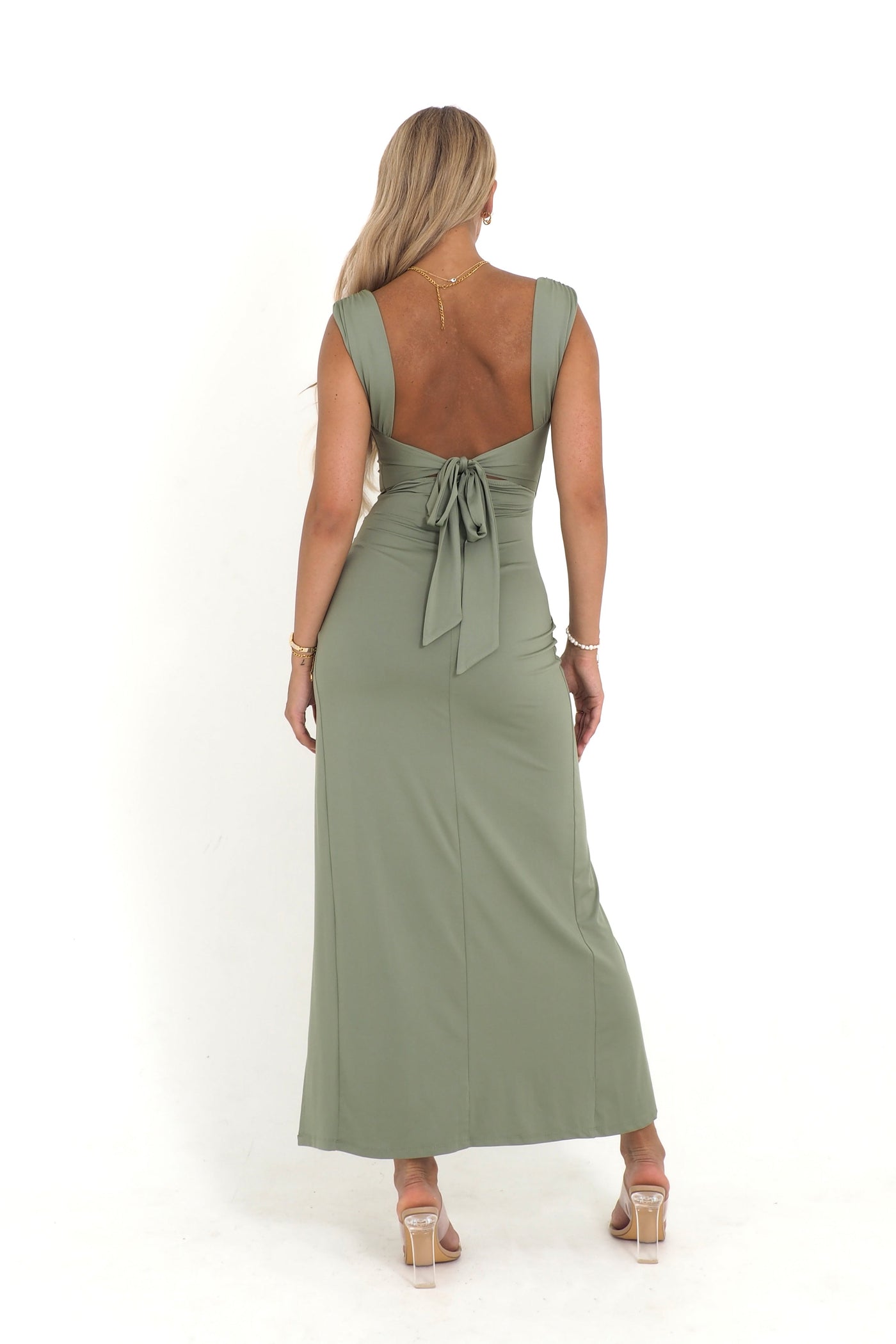 Liraea - Khaki Back-Knot Slit Dress