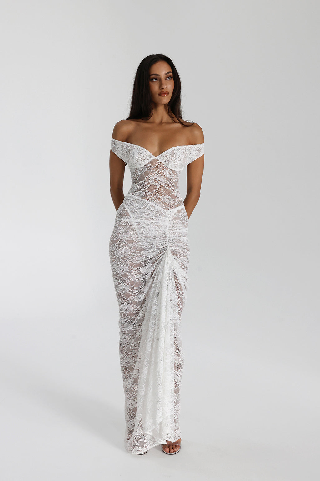 Selune - See-Through Lace Off-Shoulder Maxi Dress