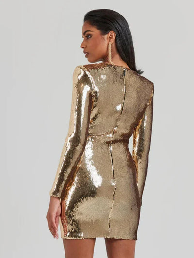 Carysse - Sequins Long Sleeves Fold Mini Dress